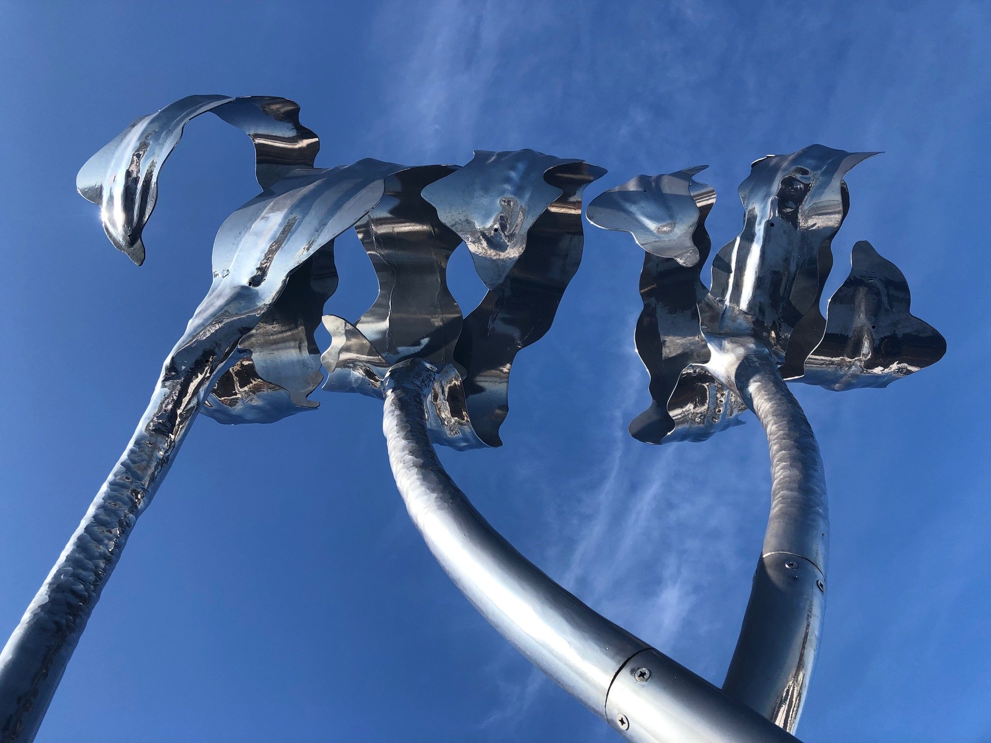 Sculpture made of metal, with kelp shapes, set against a blue sky.