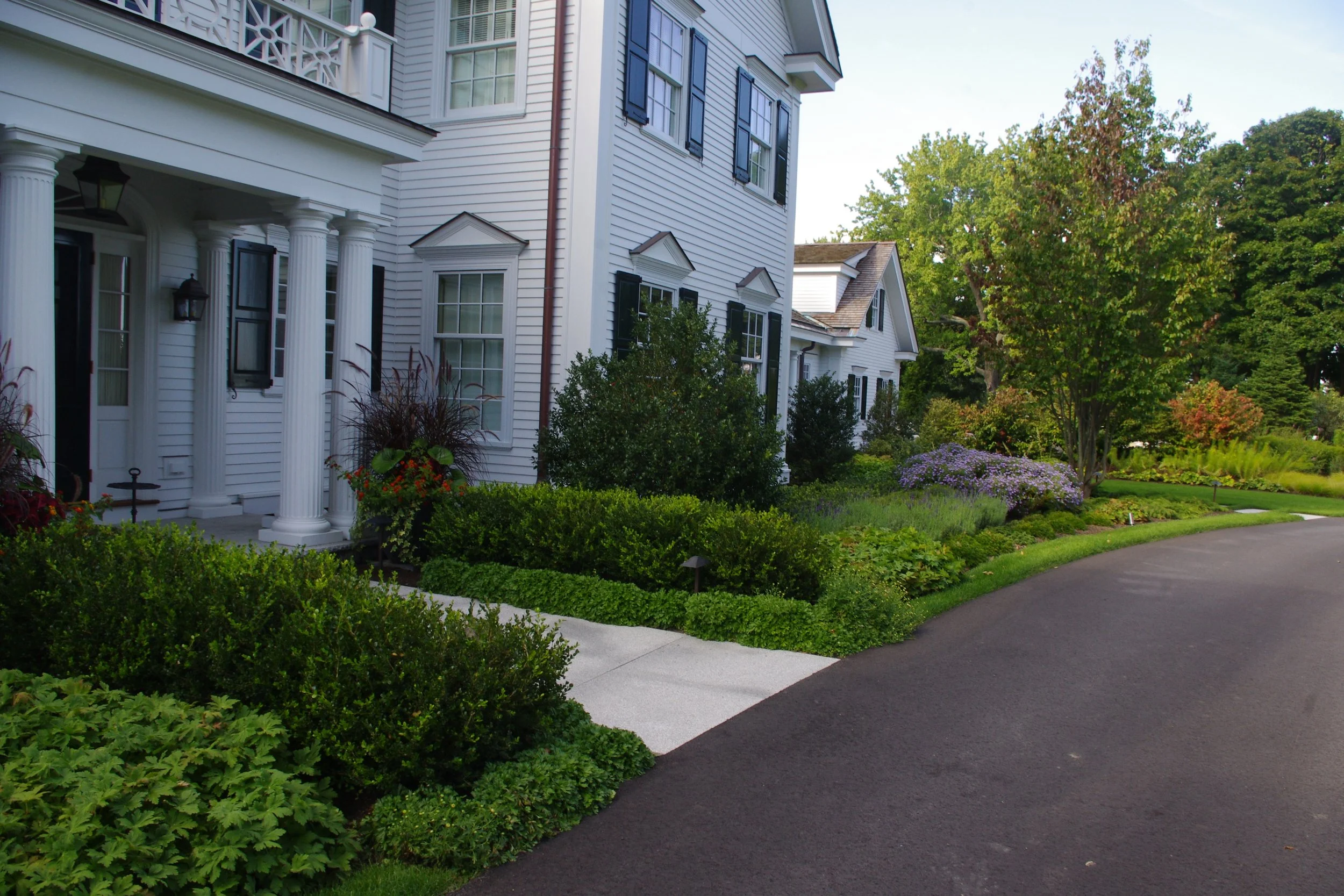 White house with black shutters, front porch with white columns, surrounded by lush green shrubs and colorful flowers, with a curved asphalt driveway and trees in the background.