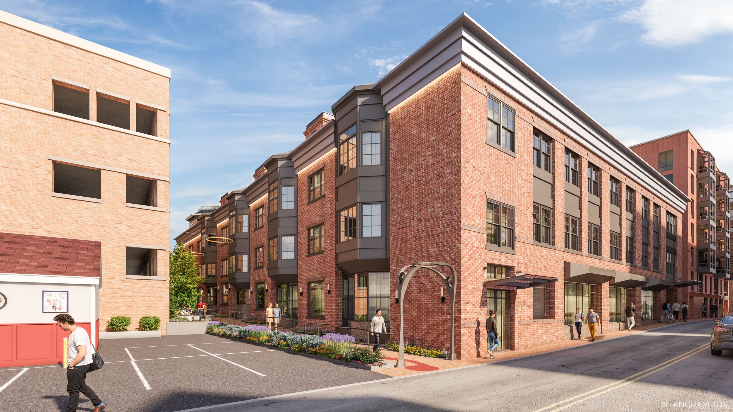 Modern brick apartment building with black-framed windows and small decorative balconies, surrounded by pedestrians and greenery.