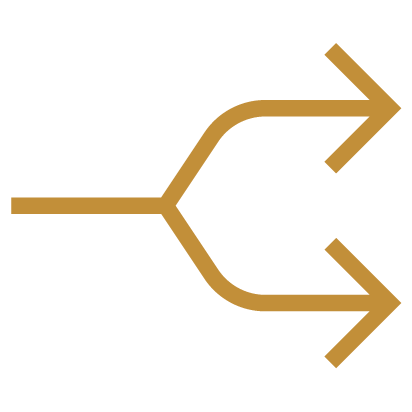 Diagram of a process flow with an arrow splitting into two directions, one pointing right and the other downward.