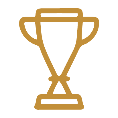 Gold trophy icon with two handles on a black background.
