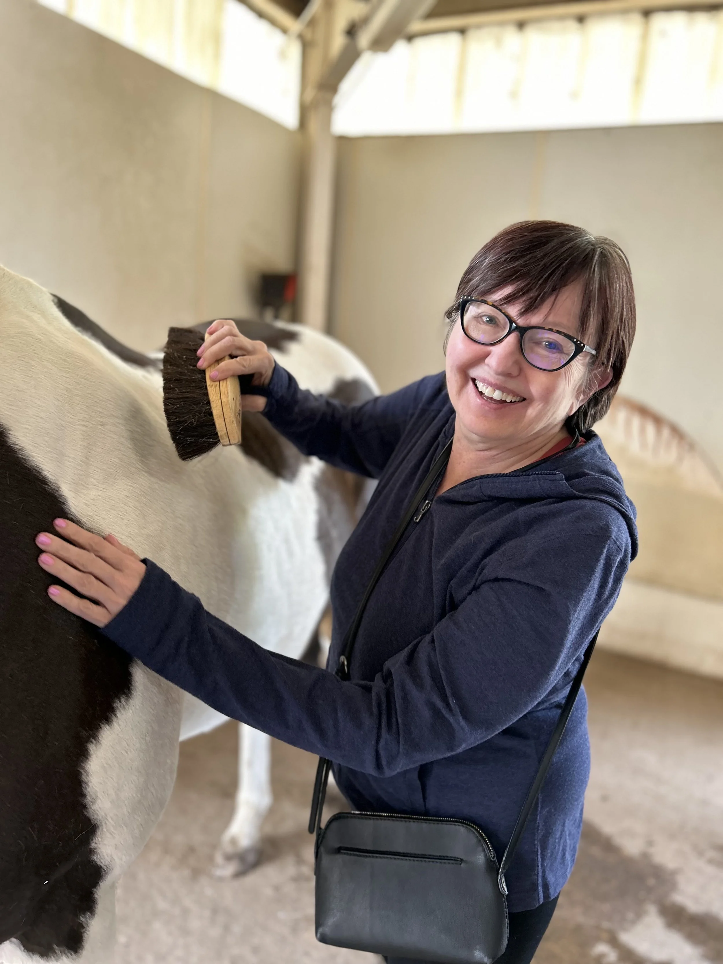 Woman smiling and grooming a black and white cow inside The Right Step Inc. barn. 