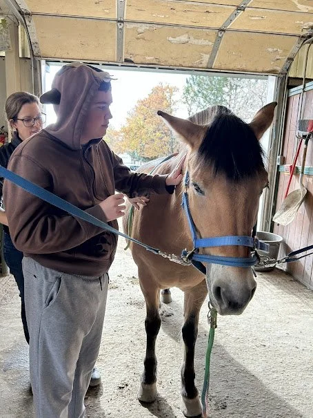 Two teenagers, one wearing a hoodie with animal ears, stand in The Right Step Inc. barn, with a brown horse wearing a blue halter. The girl with glasses is in the background.