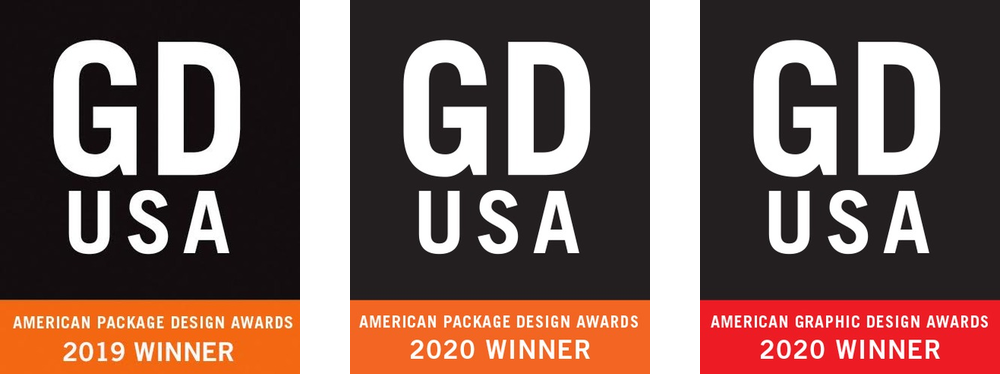 GDUSA winner badges: 2019 and 2020 American Package Design Awards, 2020 American Graphic Design Award