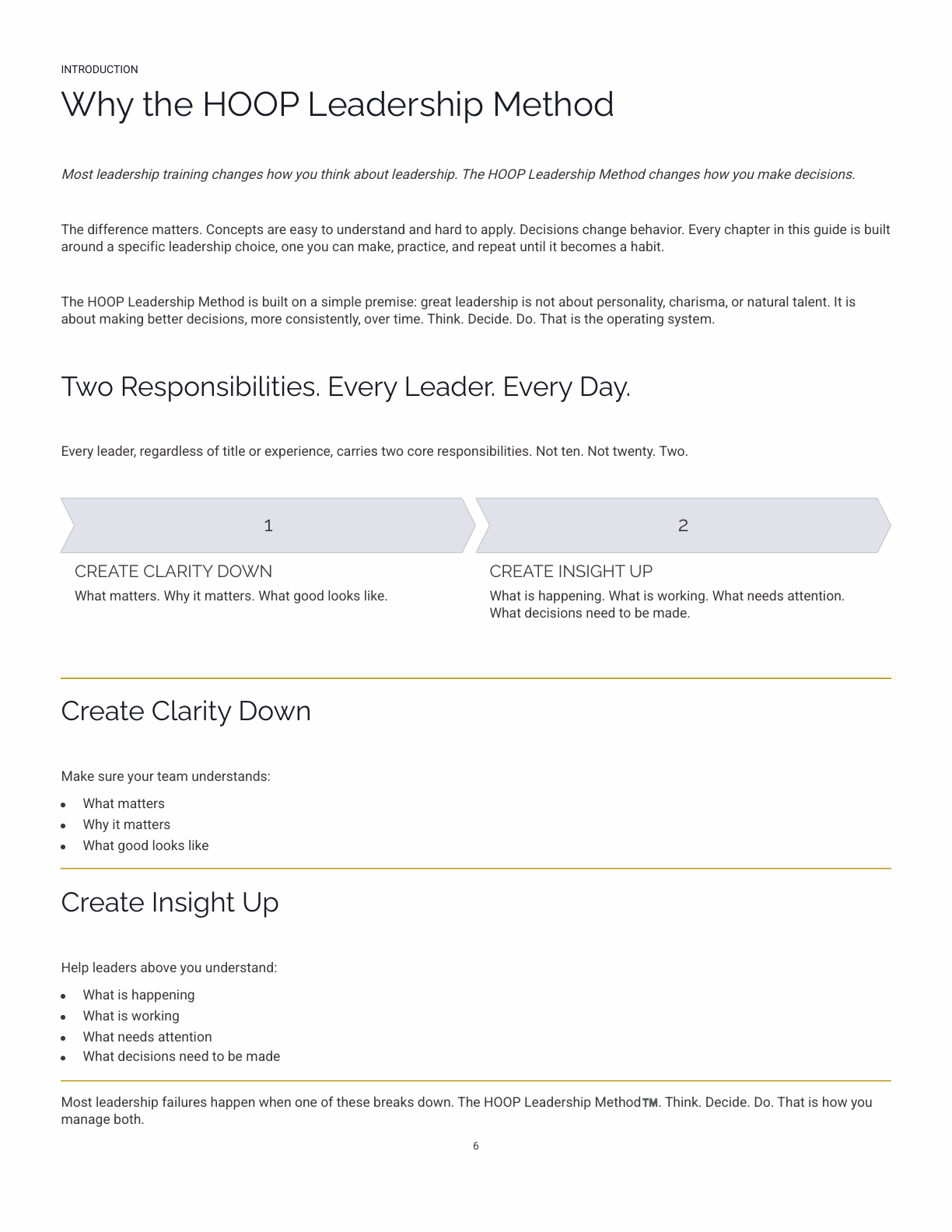 Leadership Field Guide preview showing the HOOP Leadership Method and the responsibilities to create clarity down and insight up.