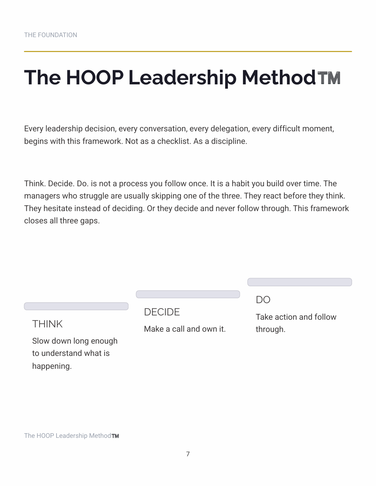 Leadership Field Guide preview showing the THINK, DECIDE, and DO framework.