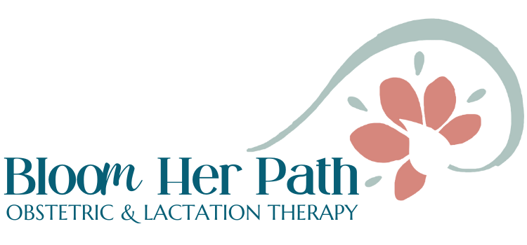 Bloom Her Path logo with a long flower and teal text provides obstetric pelvic floor therapy for mom and baby in the Corpus Christi, TX area