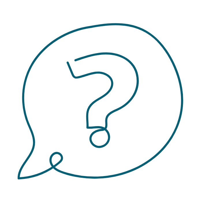 A black speech bubble outline with a large blue question mark inside.