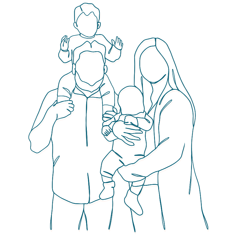 Line drawing of family where Bloom Her Path offers family-centered care for mom and baby and the entire family