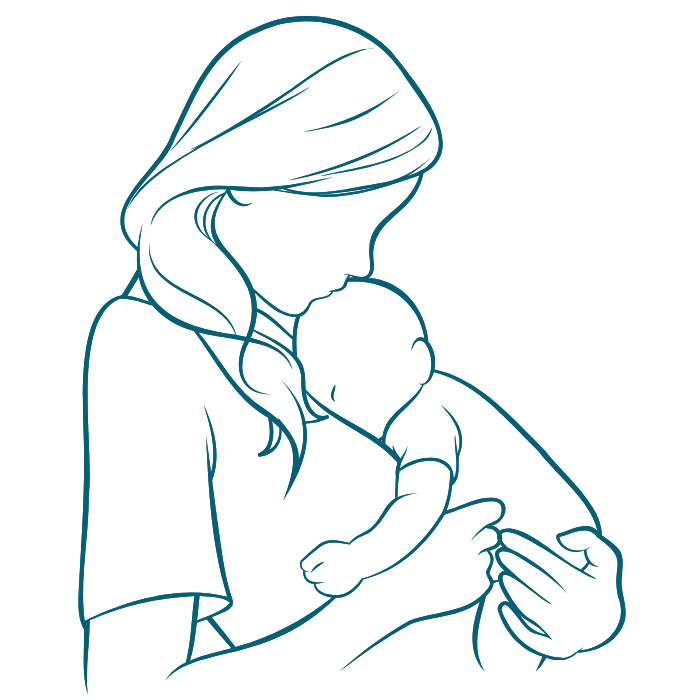 Line drawing of a mom and baby snuggling during postpartum at Bloom Her Path where mom and baby can be treated together for feeding, pelvic health, postpartum recovery, lactation, and ergonomics and activities of daily living