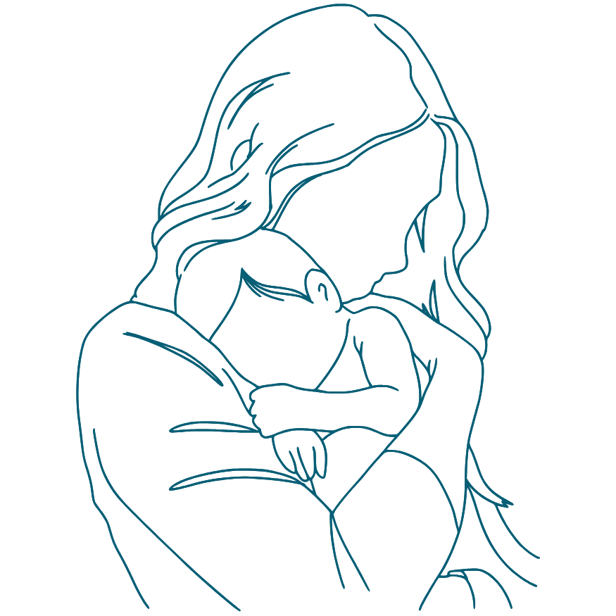 Mom and baby line drawing snuggling postpartum highlighting early mom & baby consultation for 2 days-6 weeks postpartum in Corpus Christi, TX at Bloom Her Path