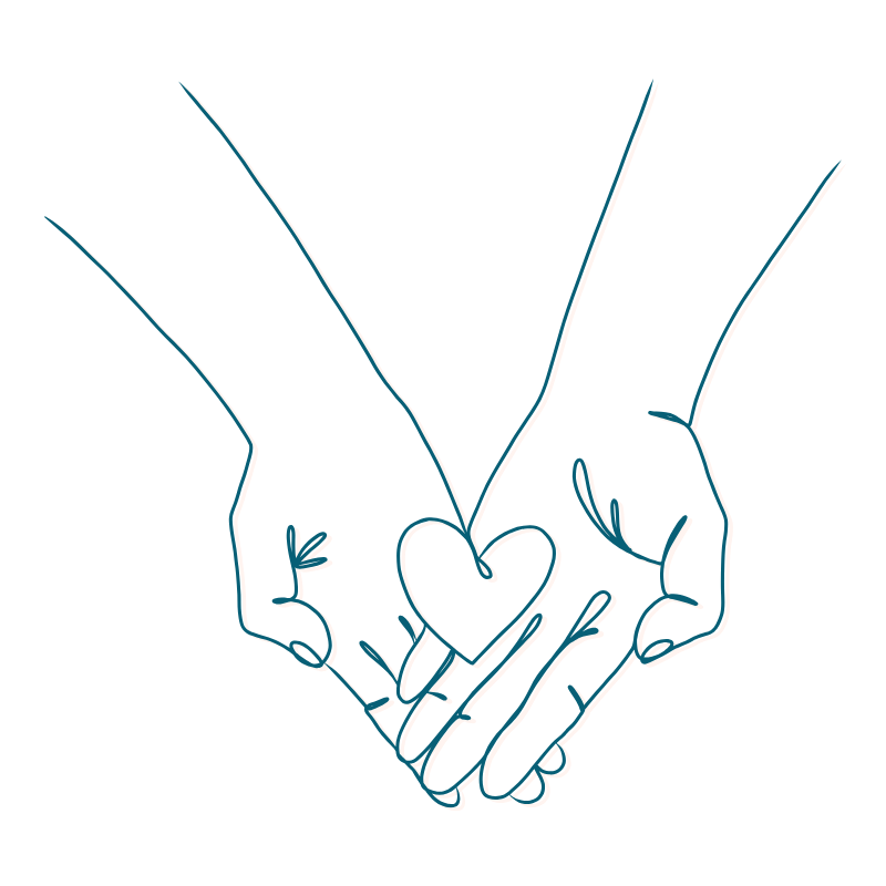 Line drawing of hands and a heart because Bloom Her Path values and prioritizes compassionate care for all patients and families