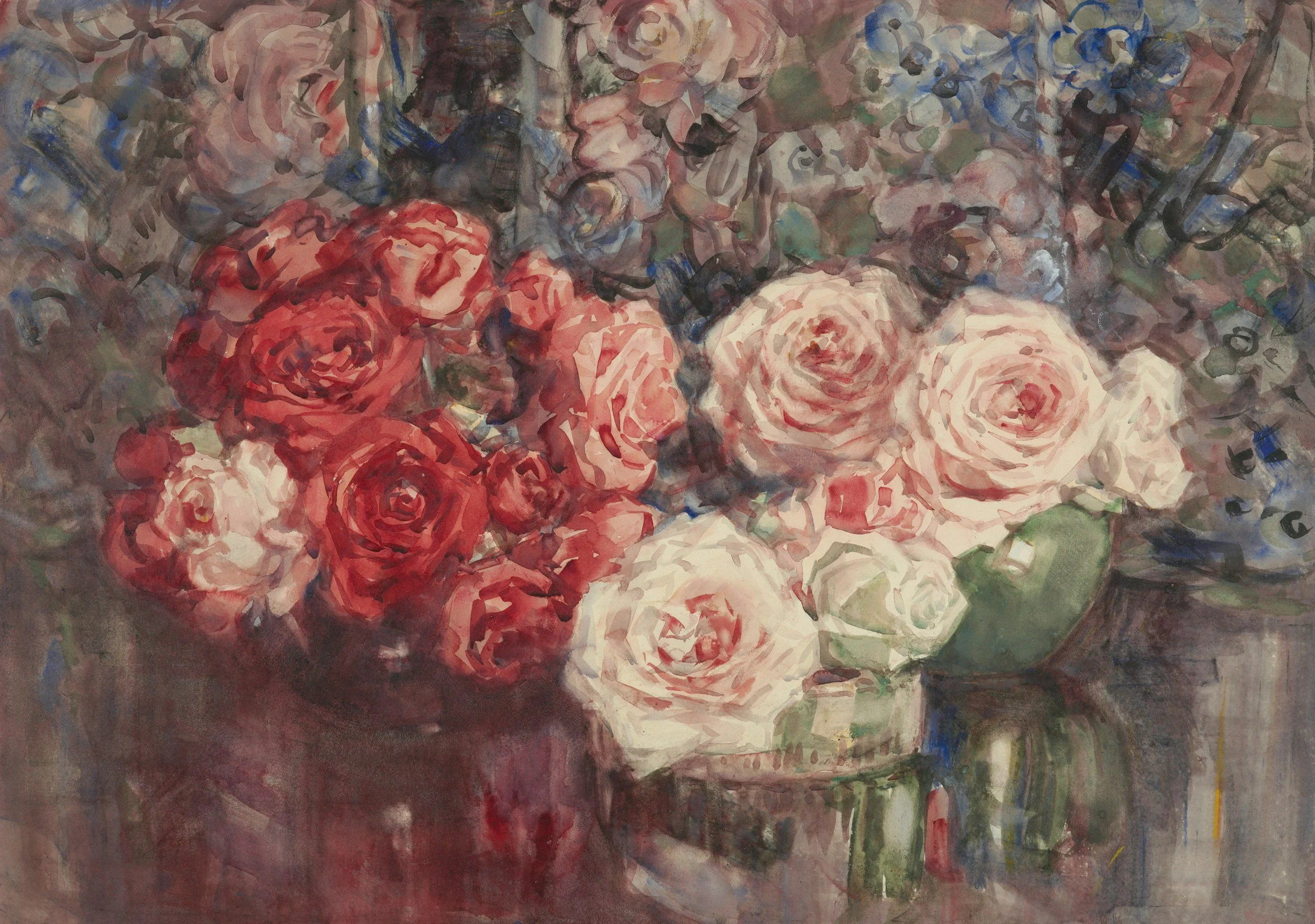 A still life painting of a bouquet of roses in a glass vase, with pink, red, and white roses, against a dark, abstract background.