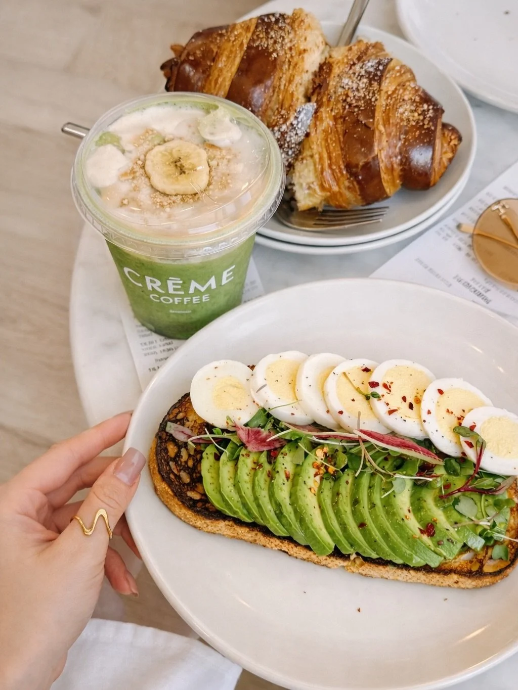 Closeup of our signature avocado toast + banana cr&egrave;me matcha

Images by @v_lionchik