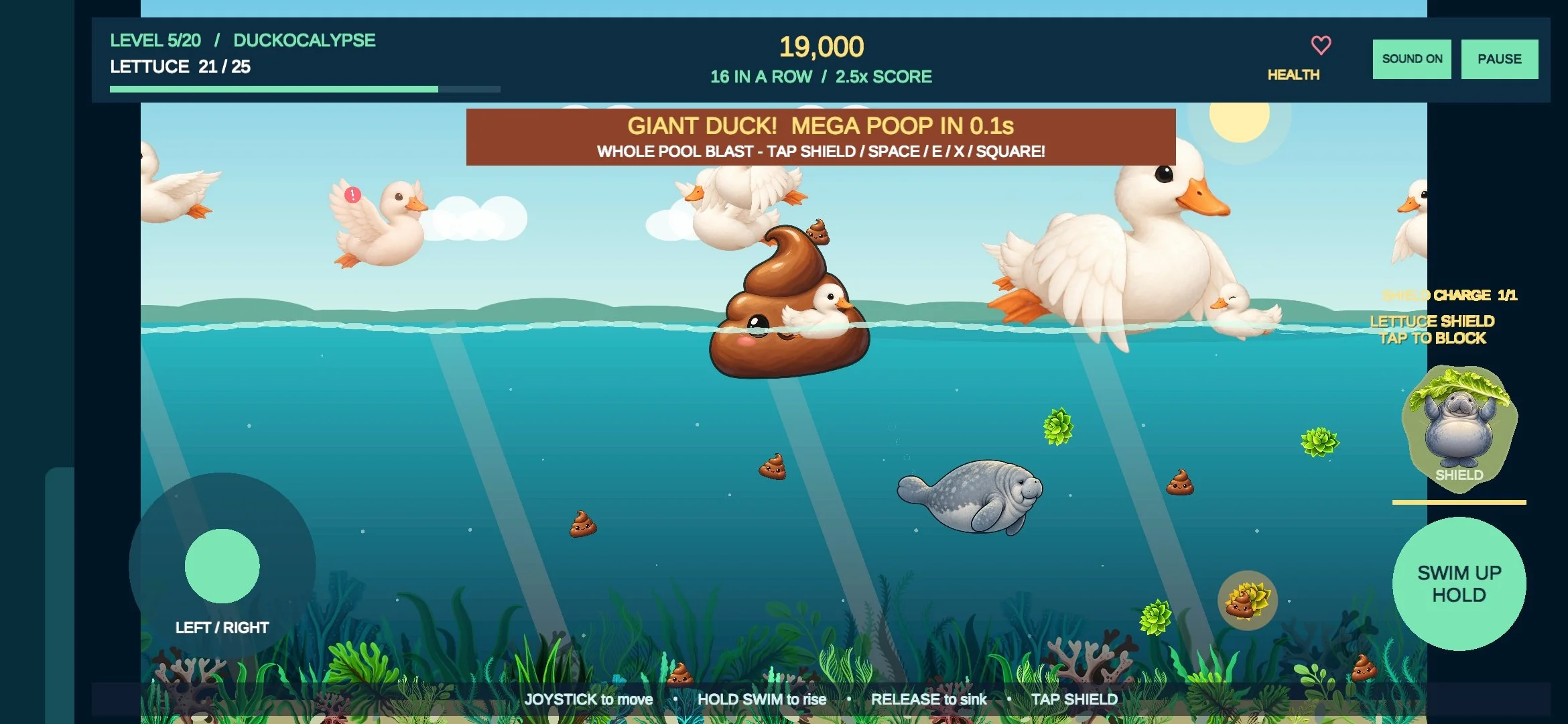 Ducking Dodge Manatee gameplay showing ducks and underwater hazards