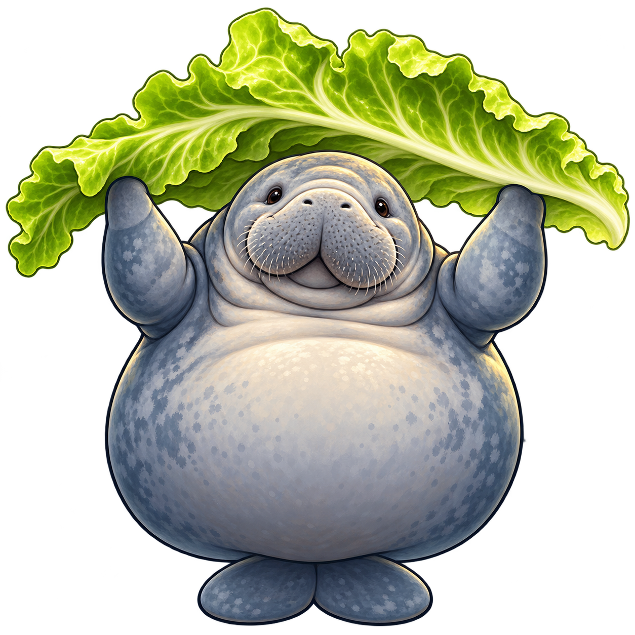 Manatee holding a giant lettuce leaf above its head as a shield