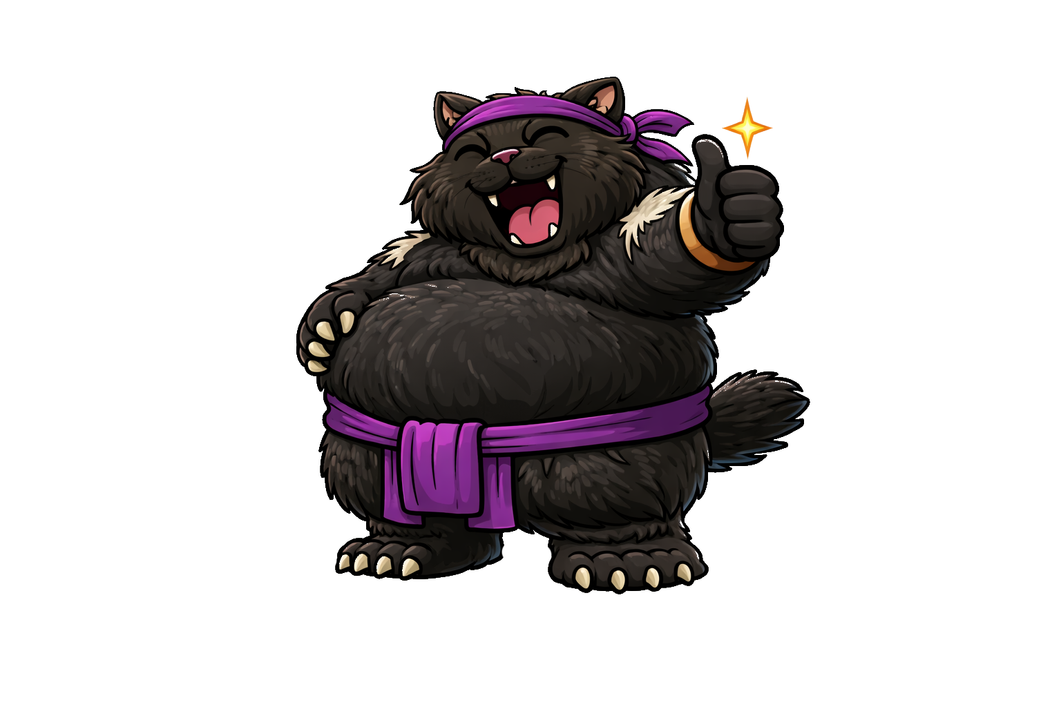 Cartoon black bear dressed as a martial artist, with a purple belt and headband, giving a thumbs up and smiling.