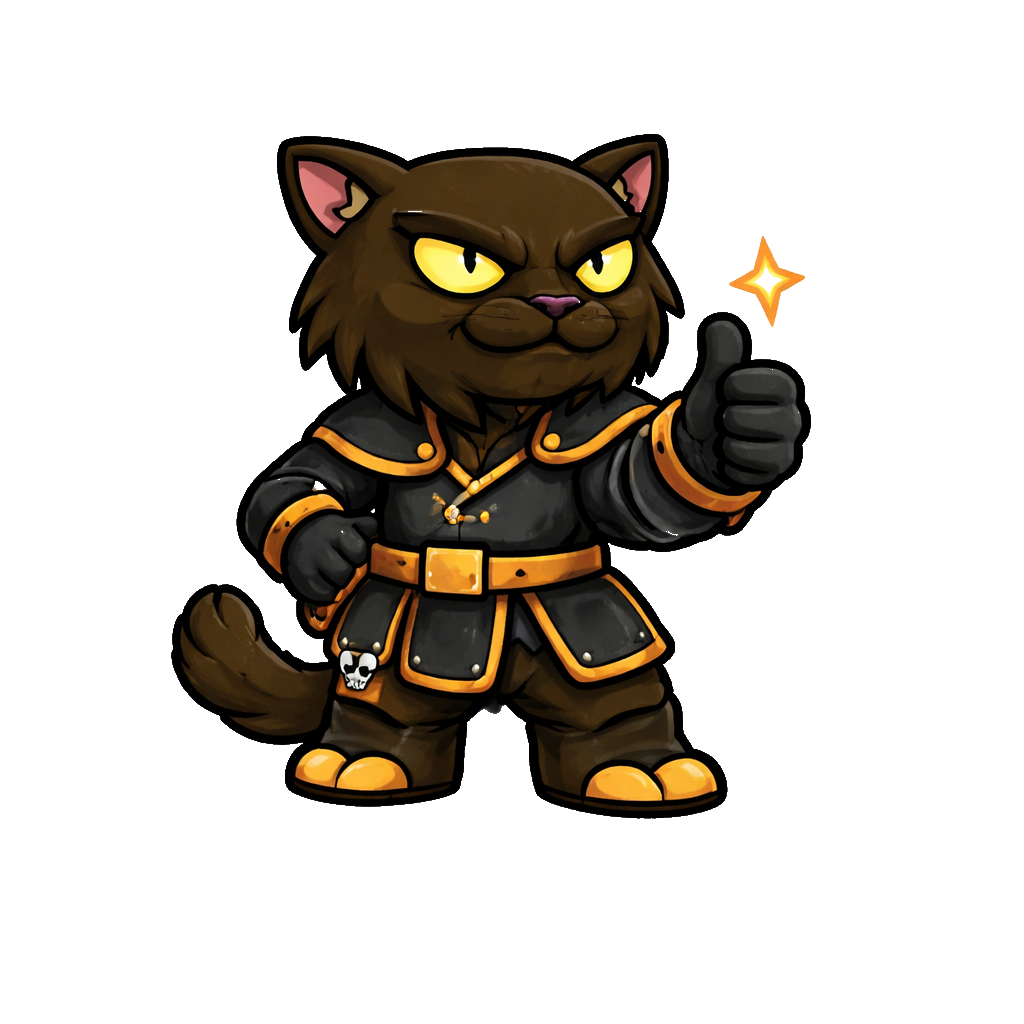 A cartoon anthropomorphic black cat dressed in a black and orange outfit, giving a thumbs up.