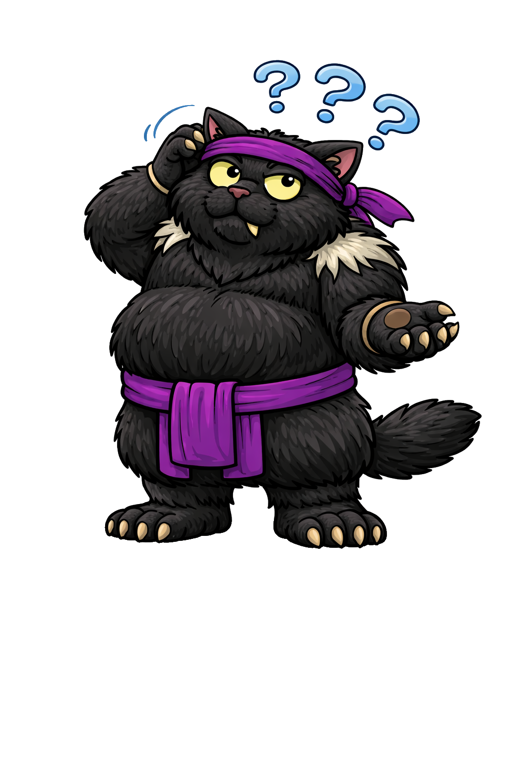 Cartoon black cat with yellow eyes, a purple headband, purple belt, and a questioning expression, with question marks above its head.