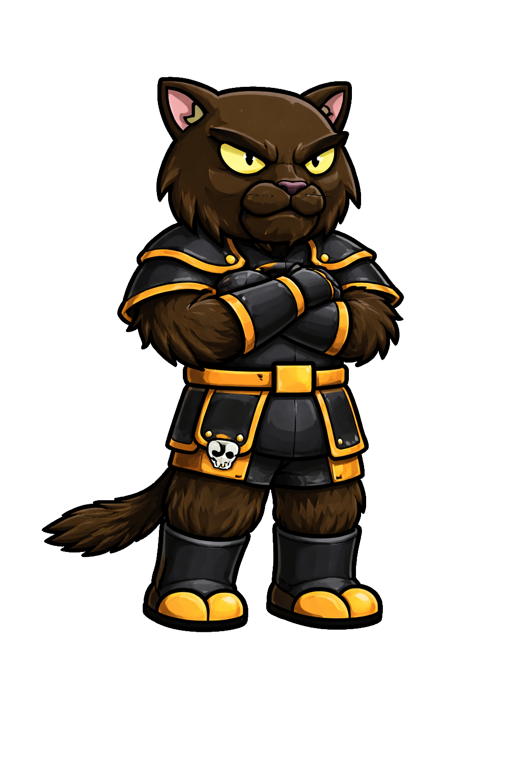Anthropomorphic wolf character wearing a black and yellow military-style outfit with a skull emblem, standing with arms crossed and an angry expression.