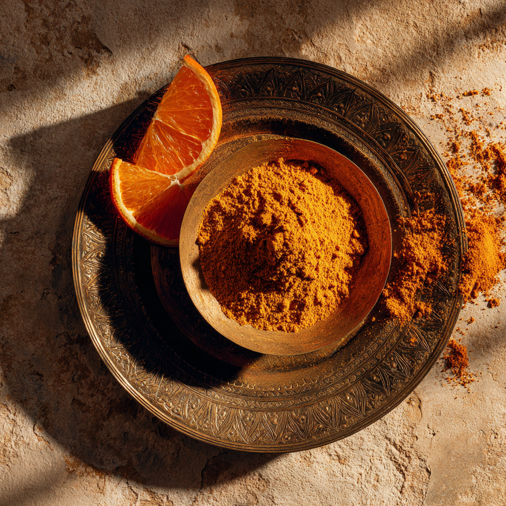 Kaelira sun-dried orange peel powder in a rustic wooden bowl, used in Ayurvedic skincare for brightening and glow