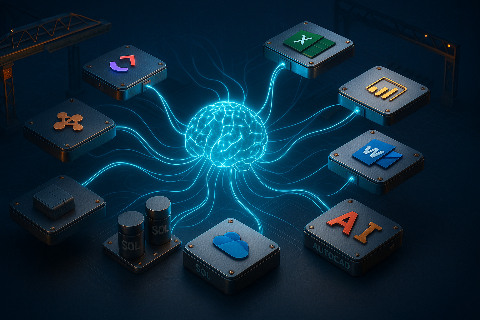 Illustration of a digital brain at the center with glowing blue lines extending to various software and technology icons surrounding it, representing artificial intelligence and data connectivity.