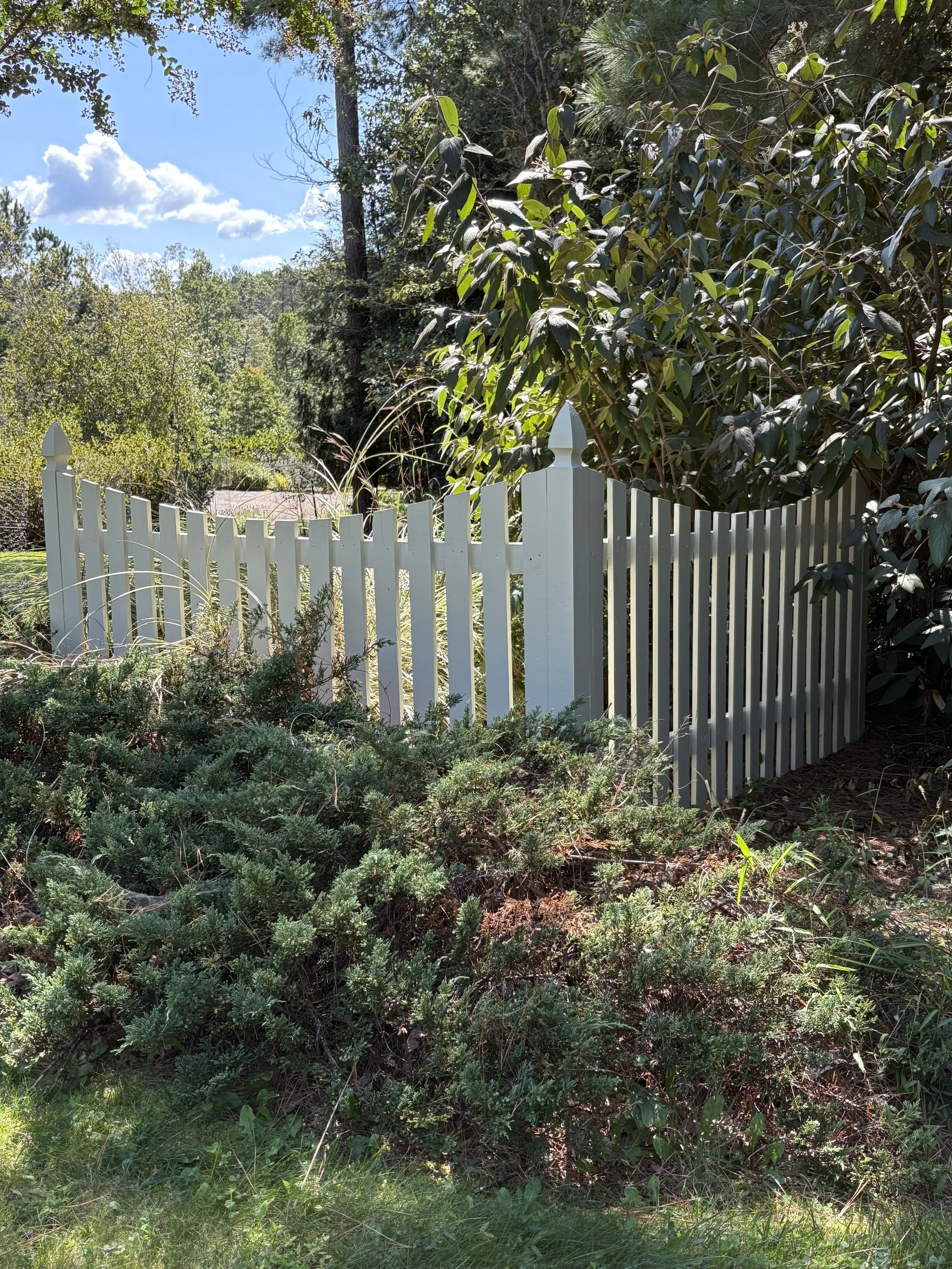 A white picket garden fence surrounds a lush green garden with trees and shrubs, under a partly cloudy sky.