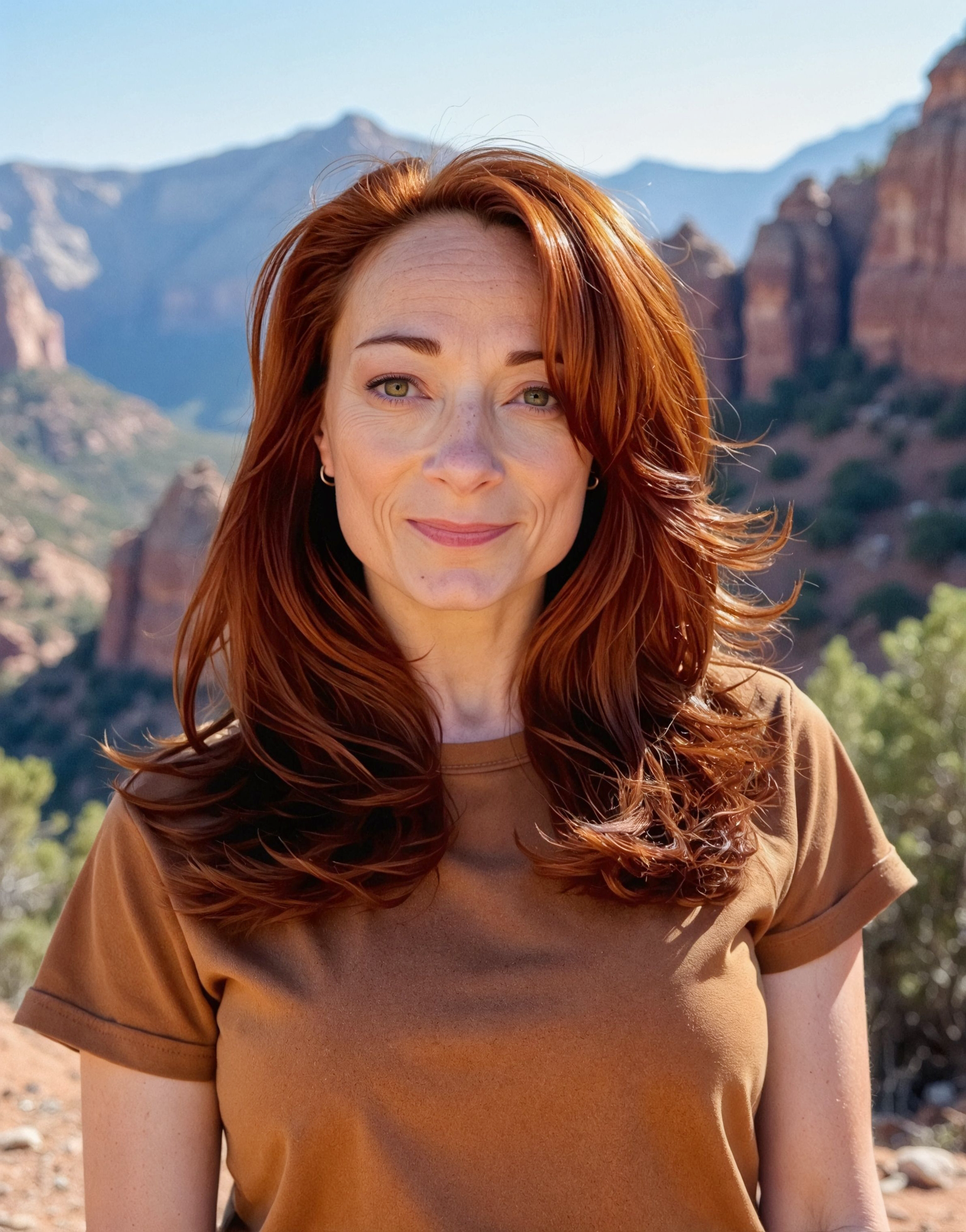 A woman with long, wavy red hair standing outdoors in front of a mountainous landscape with rock formations and green foliage.