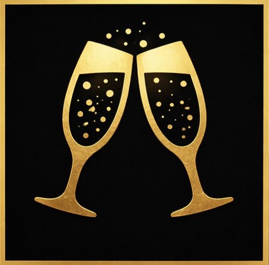 Gold illustration of two clinking champagne glasses with bubbles against a black background.
