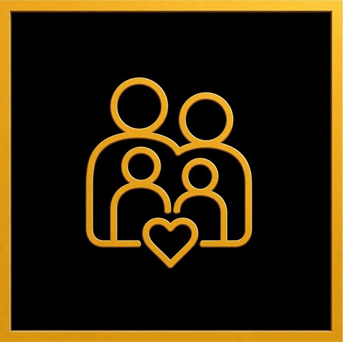 Gold outline of a family of four with a heart in front on a black background.