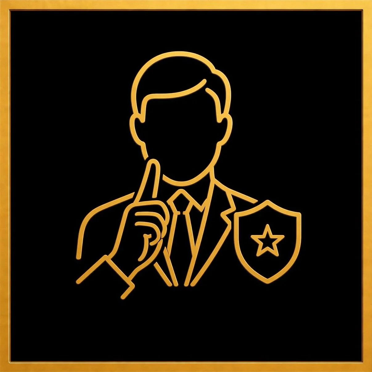 Neon outline of a police officer with a finger to their lips, wearing a badge on the chest.