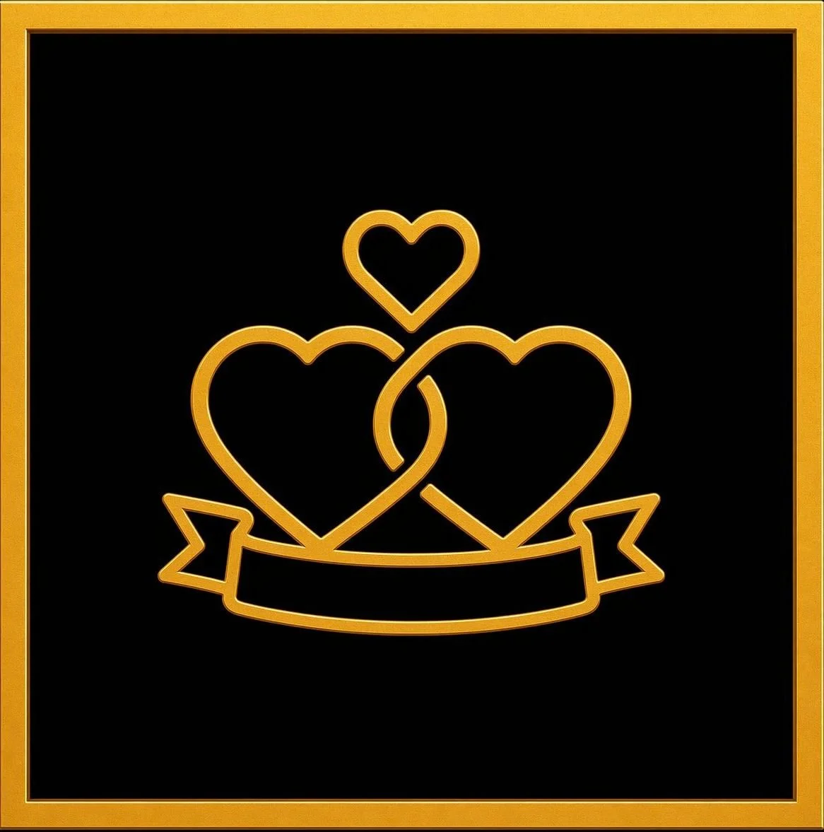 Golden outline of three interconnected hearts with a banner underneath on a black background, framed in gold.