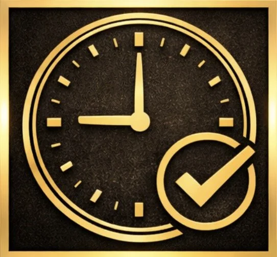 Gold clock showing 12:00 with a checkmark inside a circle in the bottom right