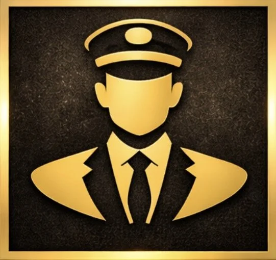 A gold icon of a pilot wearing a uniform and hat, set against a dark background with a gold border.