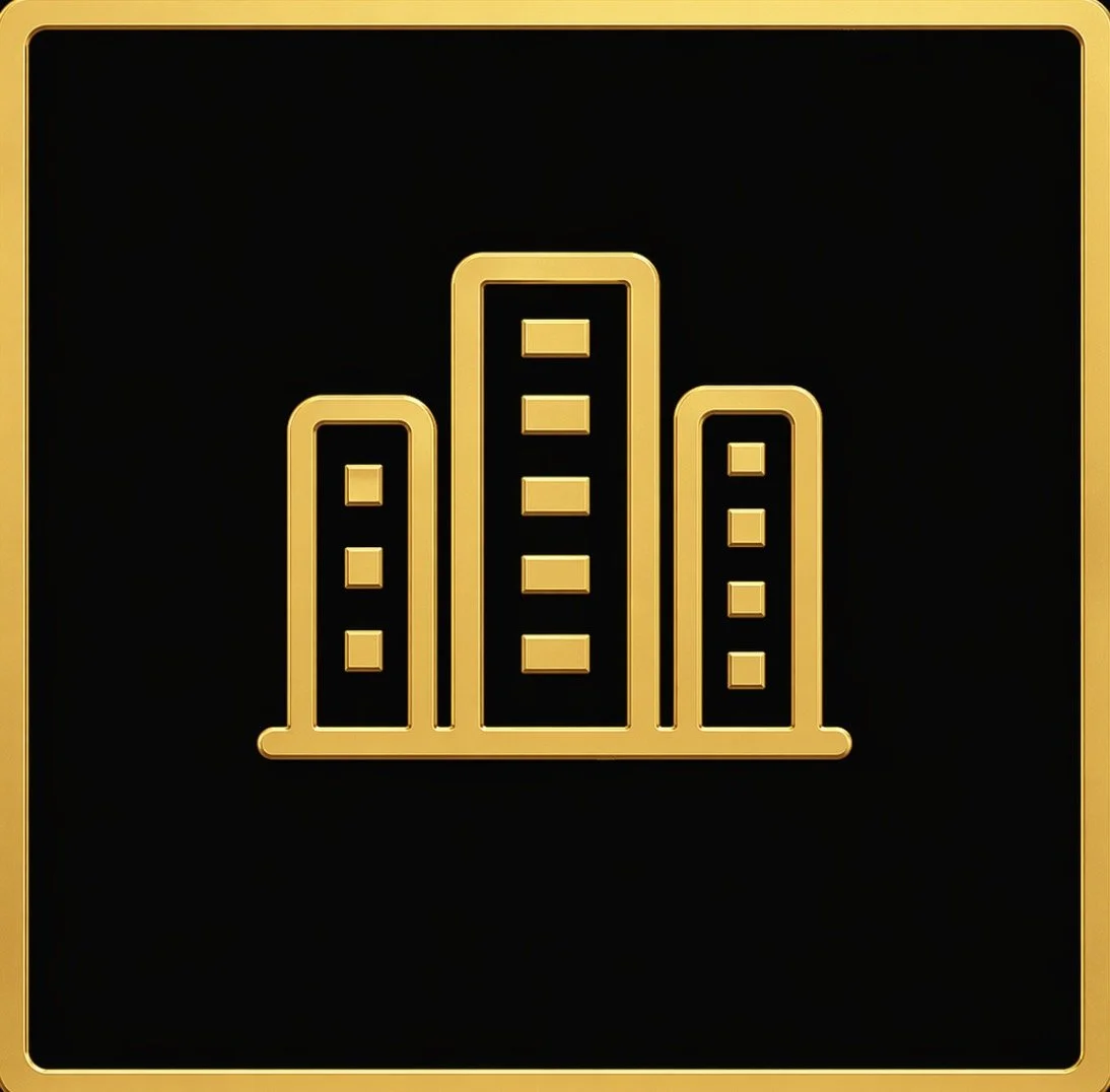 Gold outline of a city skyline with tall buildings on a black background, framed by a gold border.