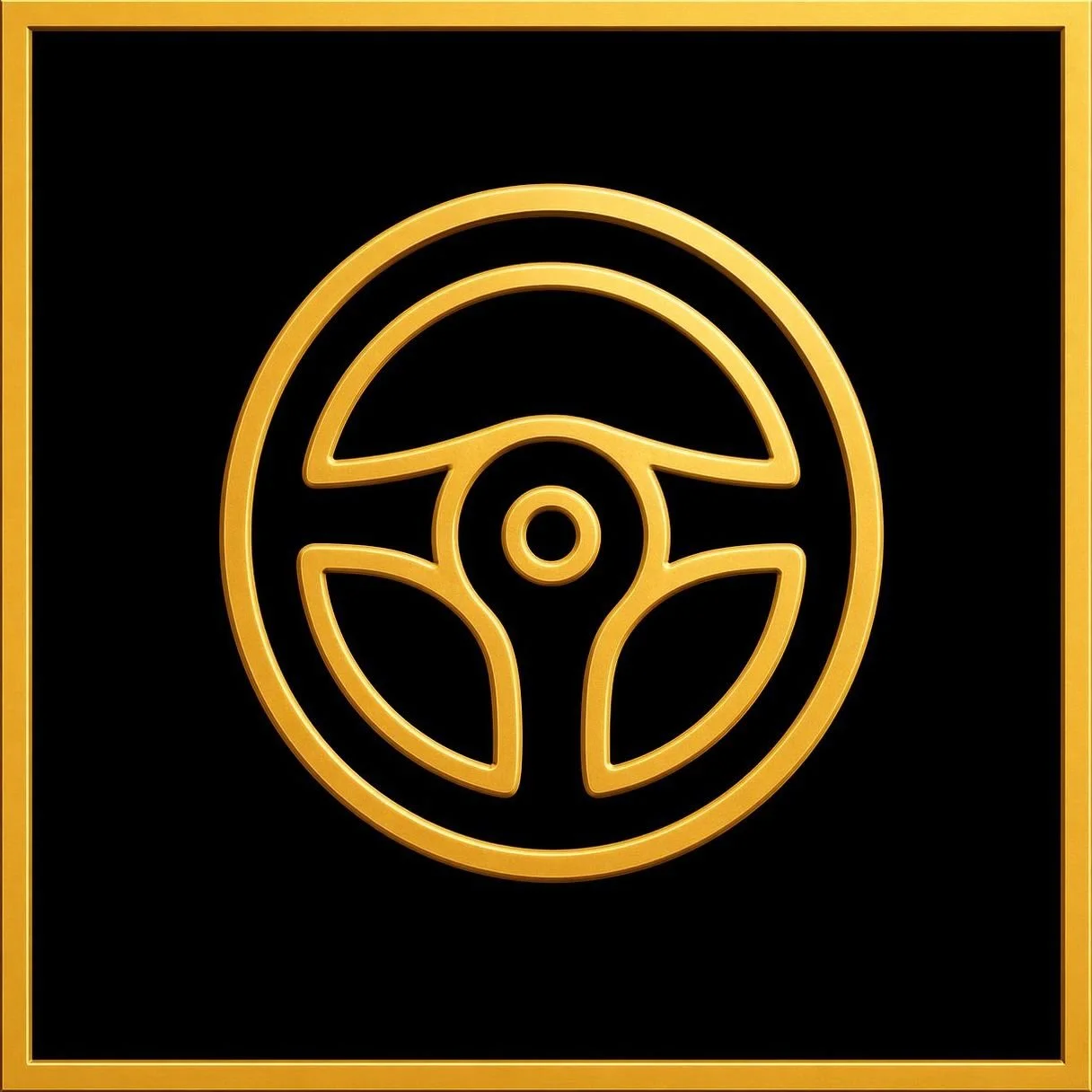 Gold neon outline of a car steering wheel on a black background, framed with a gold border.