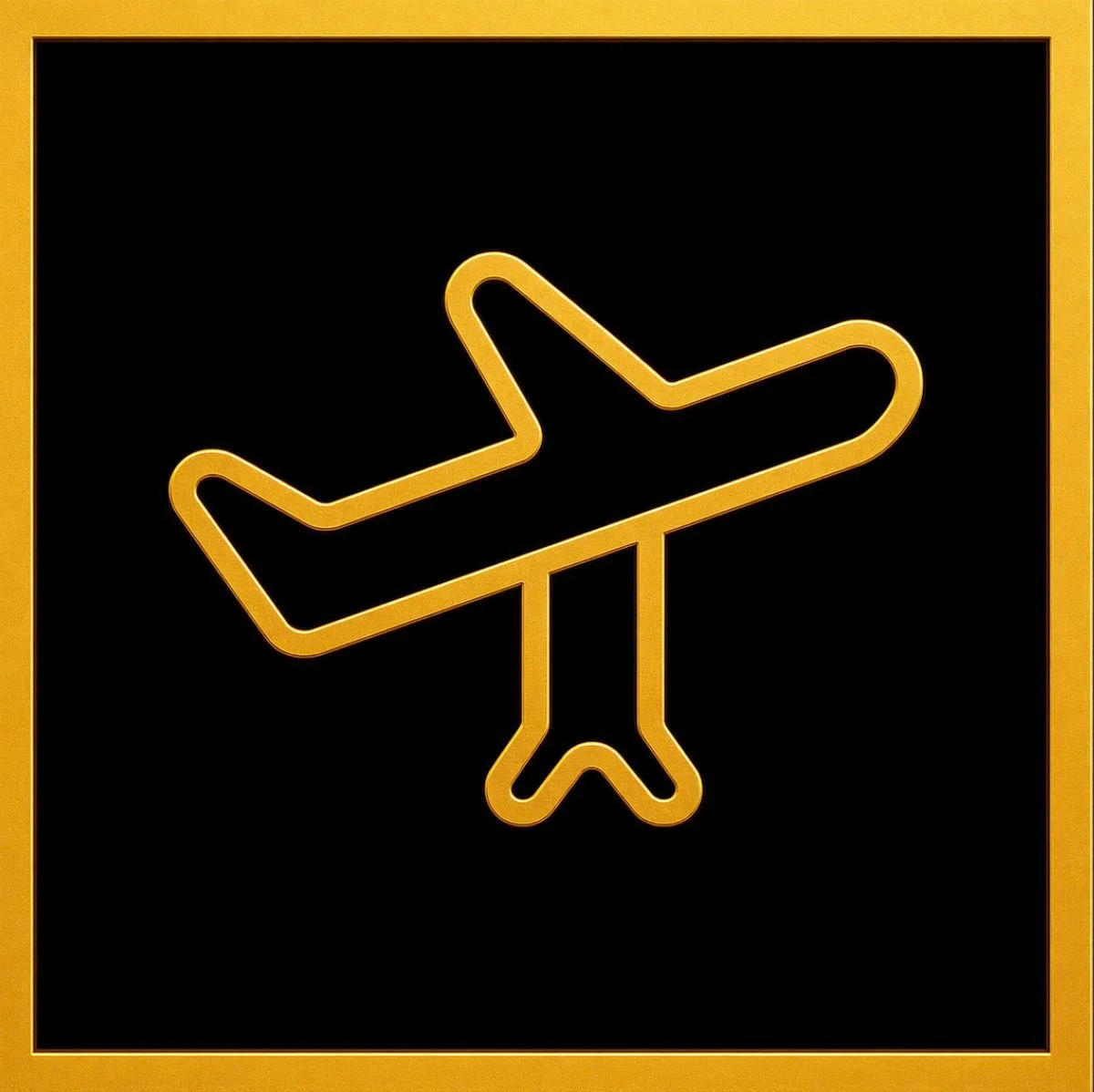 Neon sign in the shape of an airplane, yellow outline on a black background, with a gold border.