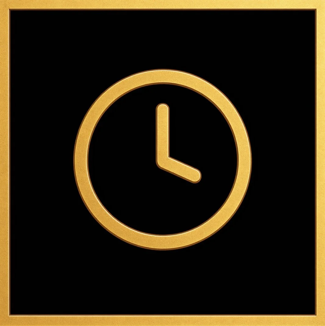 Gold clock icon on black background.