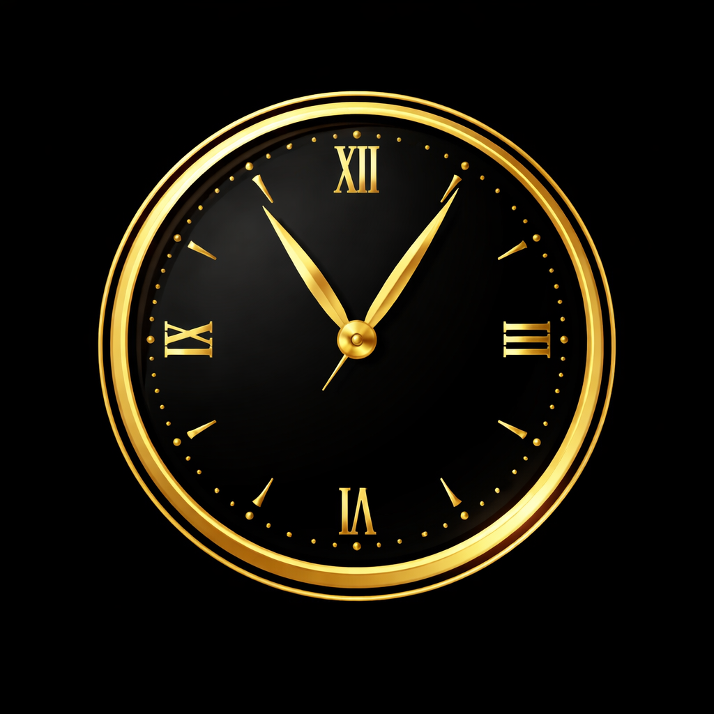 A round wall clock with a black face, gold frame, and gold Roman numerals. The clock shows the time as 11:08 with a black background.
