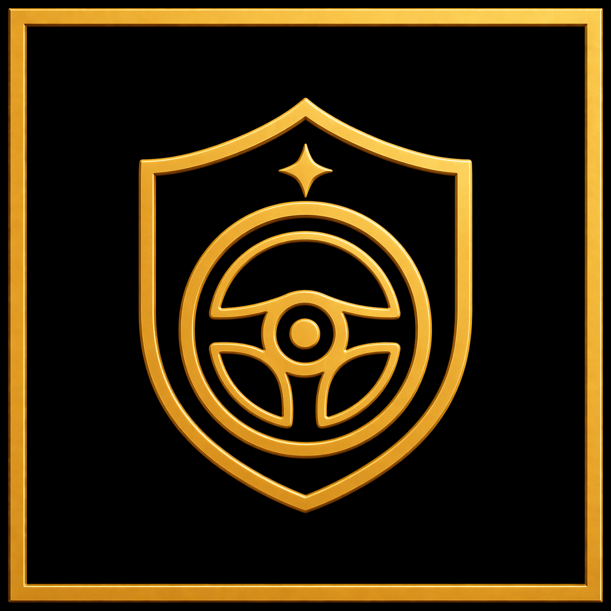 Gold emblem with a shield outline containing a steering wheel and star, on a black background with a gold border.