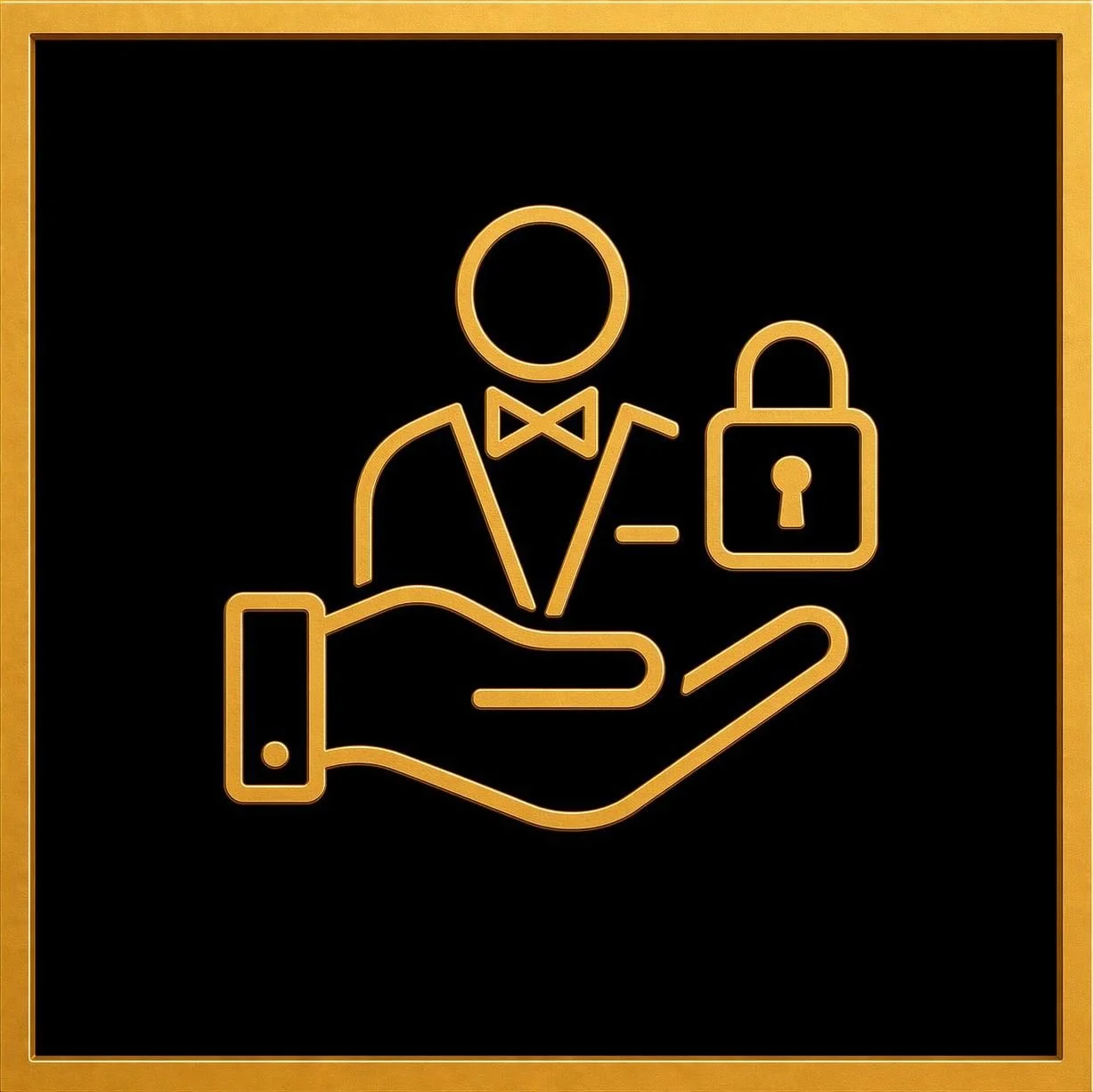 Gold line art of a hand holding a person with a bow tie, a padlock, and a smartphone against a black background, framed in gold.