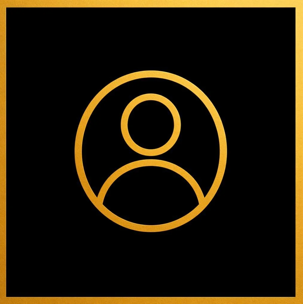 Gold outline of a user profile icon on a black background with a gold border.