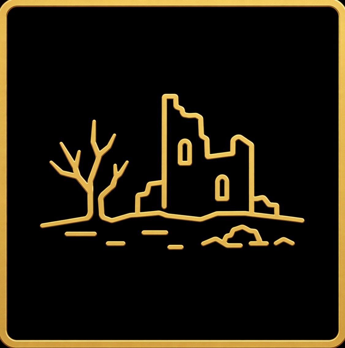 Neon sign of a ruined castle and a leafless tree on a black background with a yellow border.