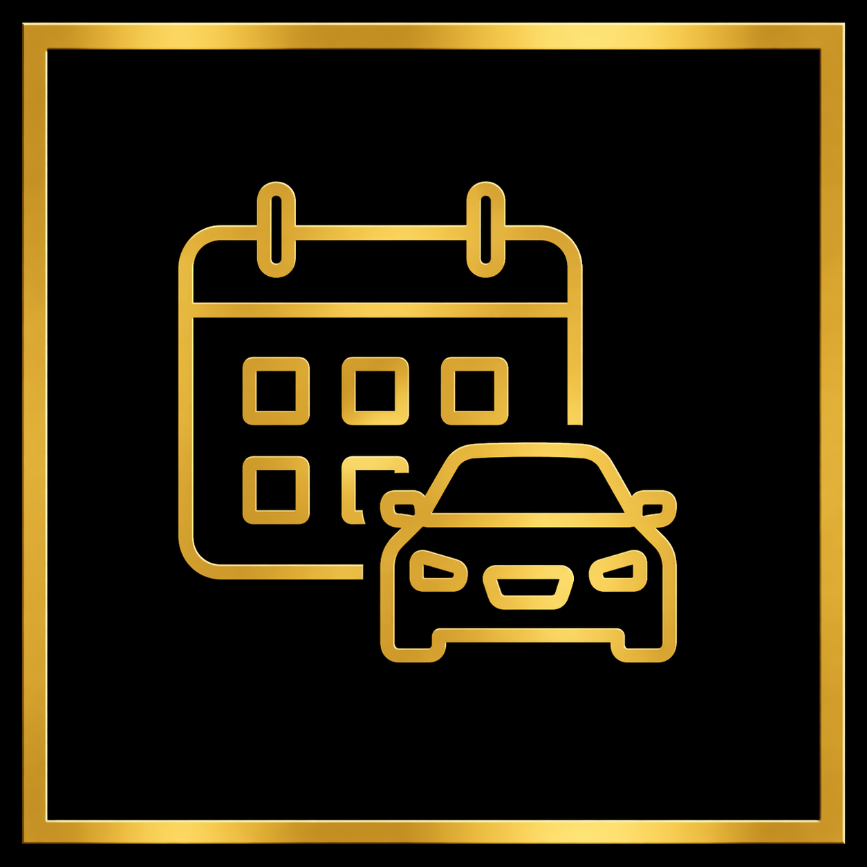 Gold-line icon of a calendar with a car in front of it on a black background with a gold border.