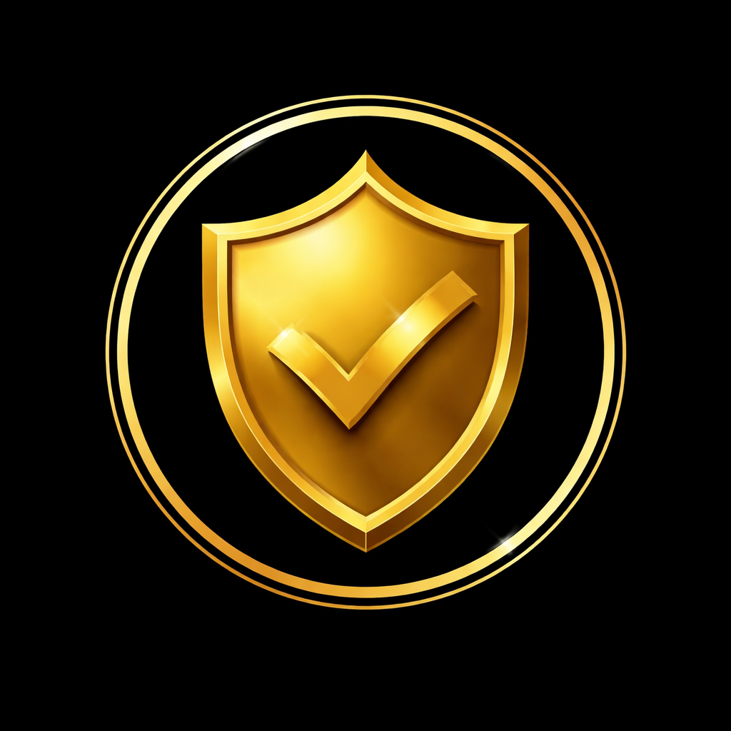 Golden shield with a check mark in the center, surrounded by two concentric rings, on a black background.