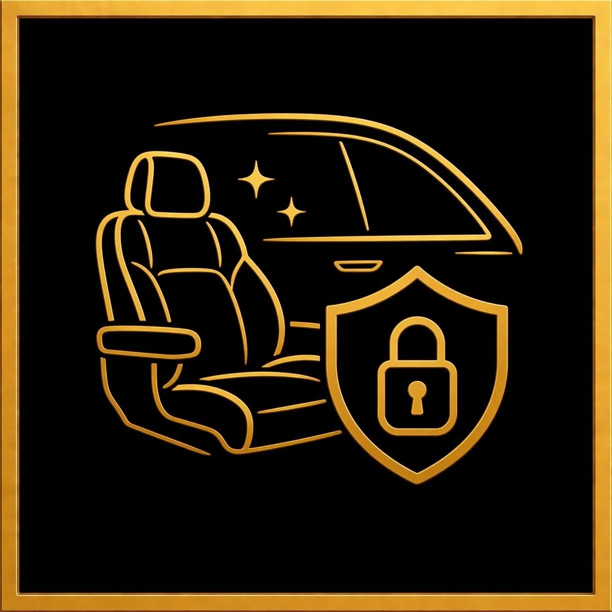 Line drawing of a car seat with a safety shield and padlock symbol, indicating vehicle security or safety.