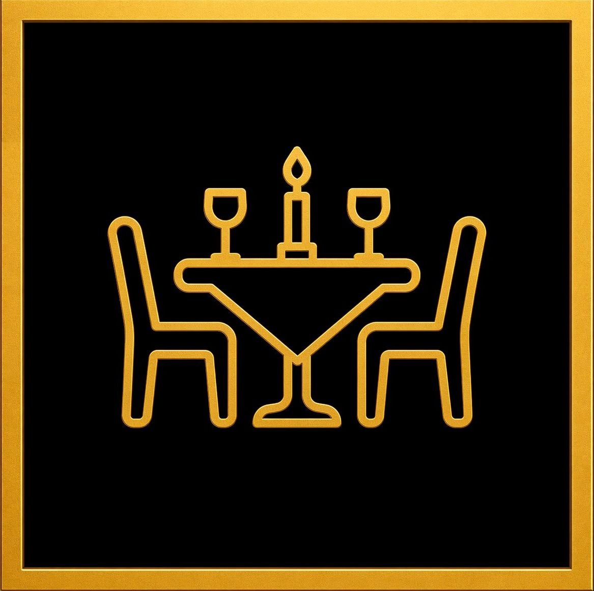 Neon sign of a dinner table with two chairs, a candle, and wine glasses, framed with a gold border.