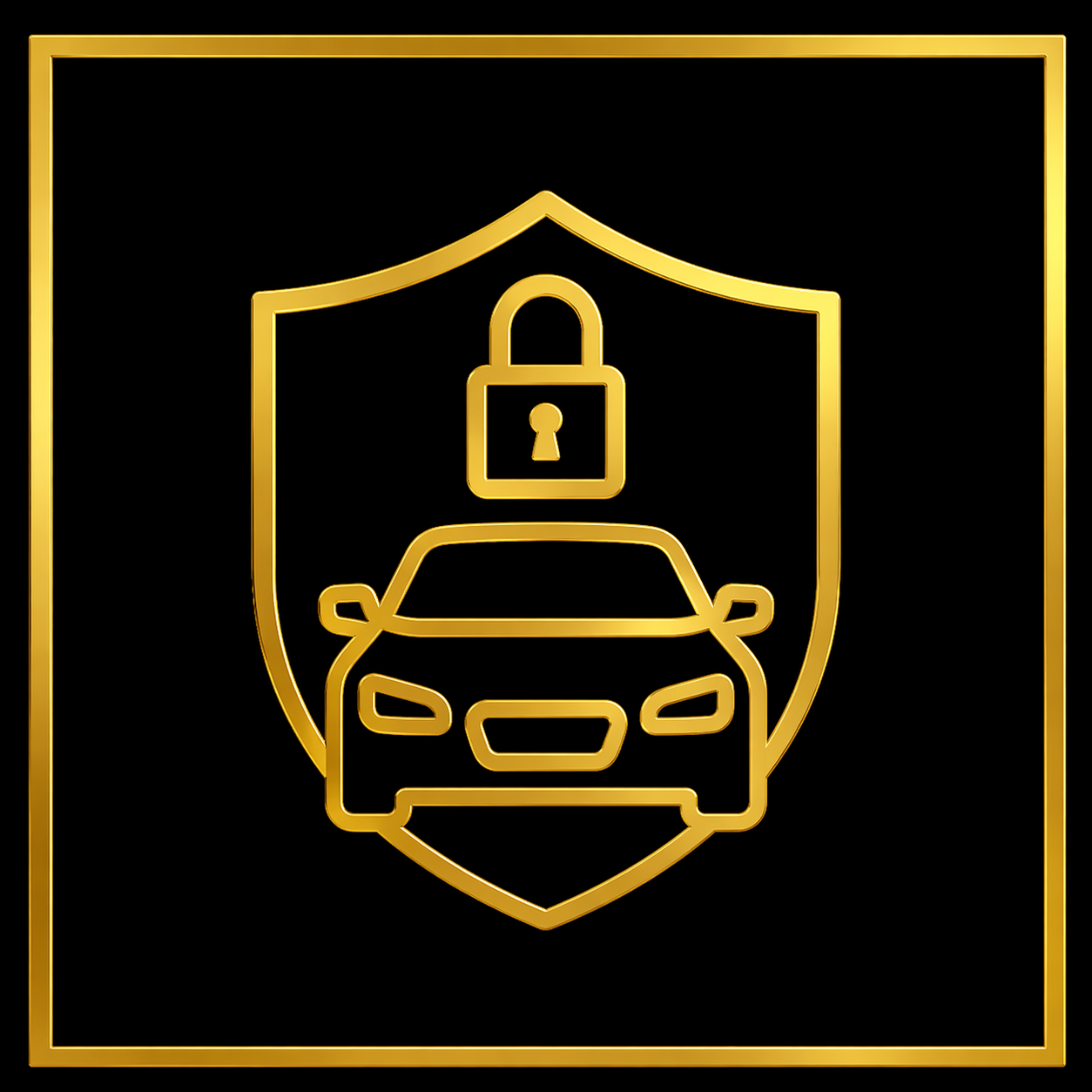 Gold outline of a shield with a car, a padlock, and a service bell, symbolizing car security and protection.