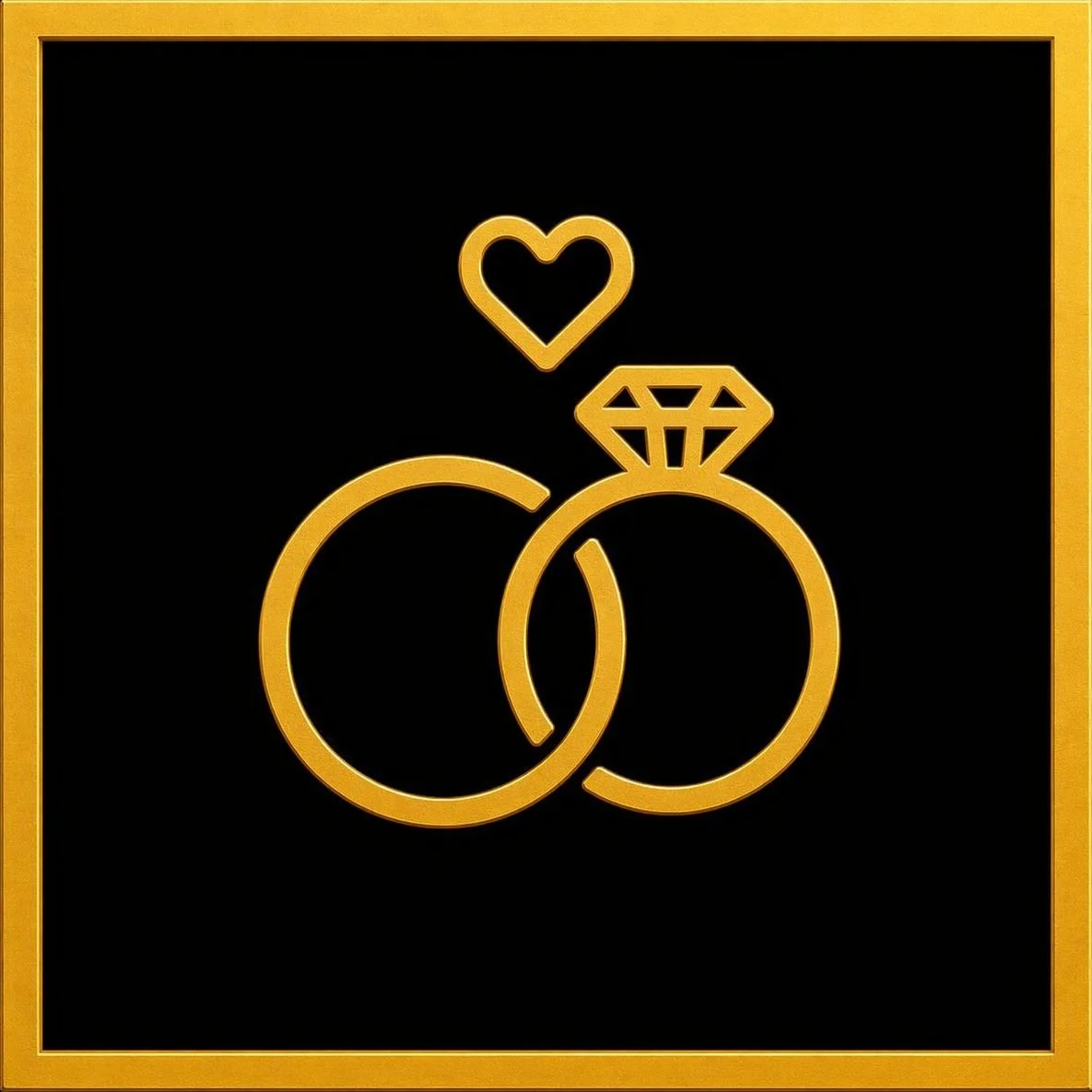 Gold outline of two wedding rings, one with a diamond, and a small heart above them, on a black background with a gold border.