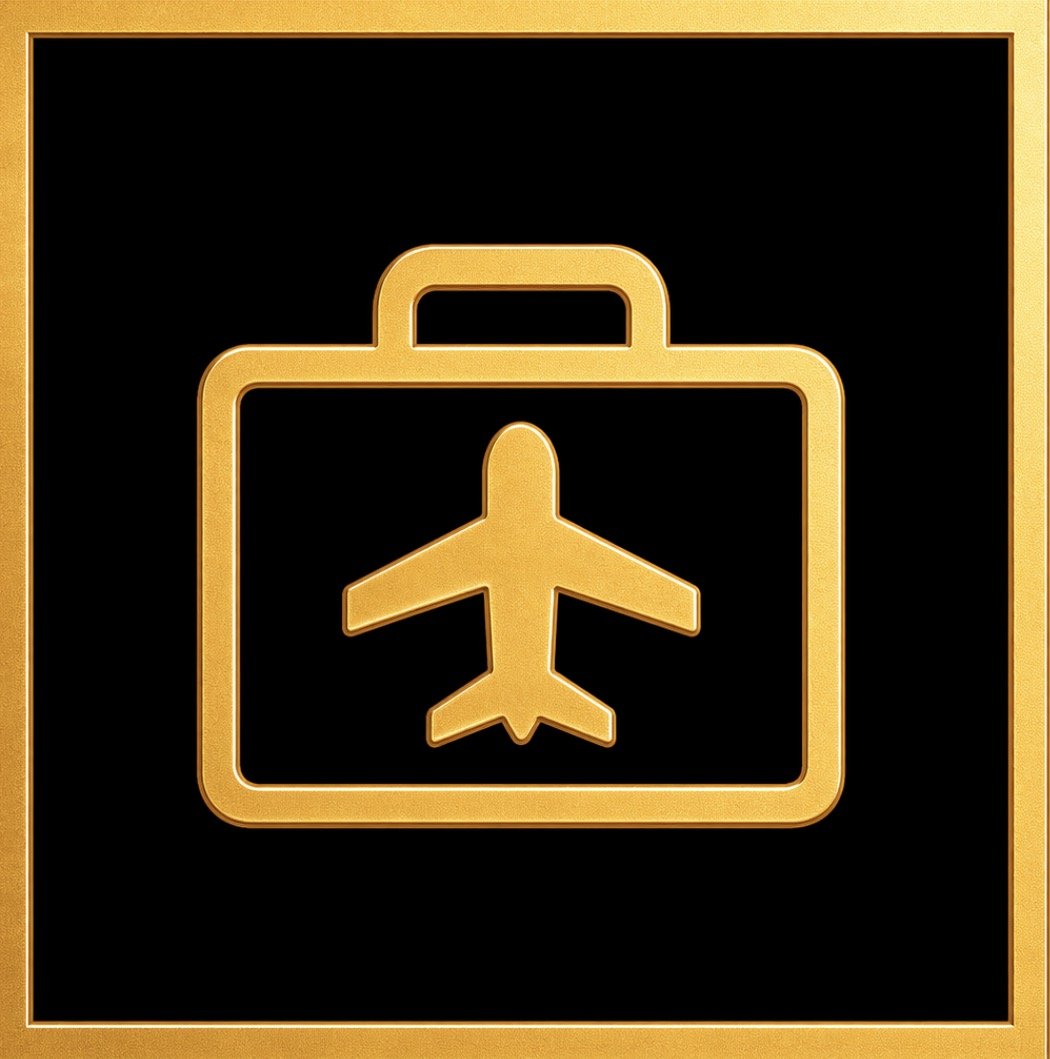 Gold icon of a suitcase with an airplane symbol on it, on a black background with a gold border.